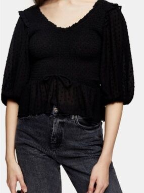 Topshop Black Smocked Peplum Blouse with Puff Sleeves size 8